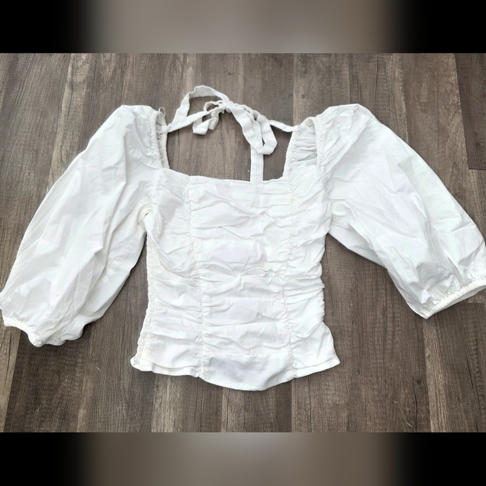 WAYF White Cottagecore Women’s Puff Sleeve Ruched Top Coastal Cowgirl Regency